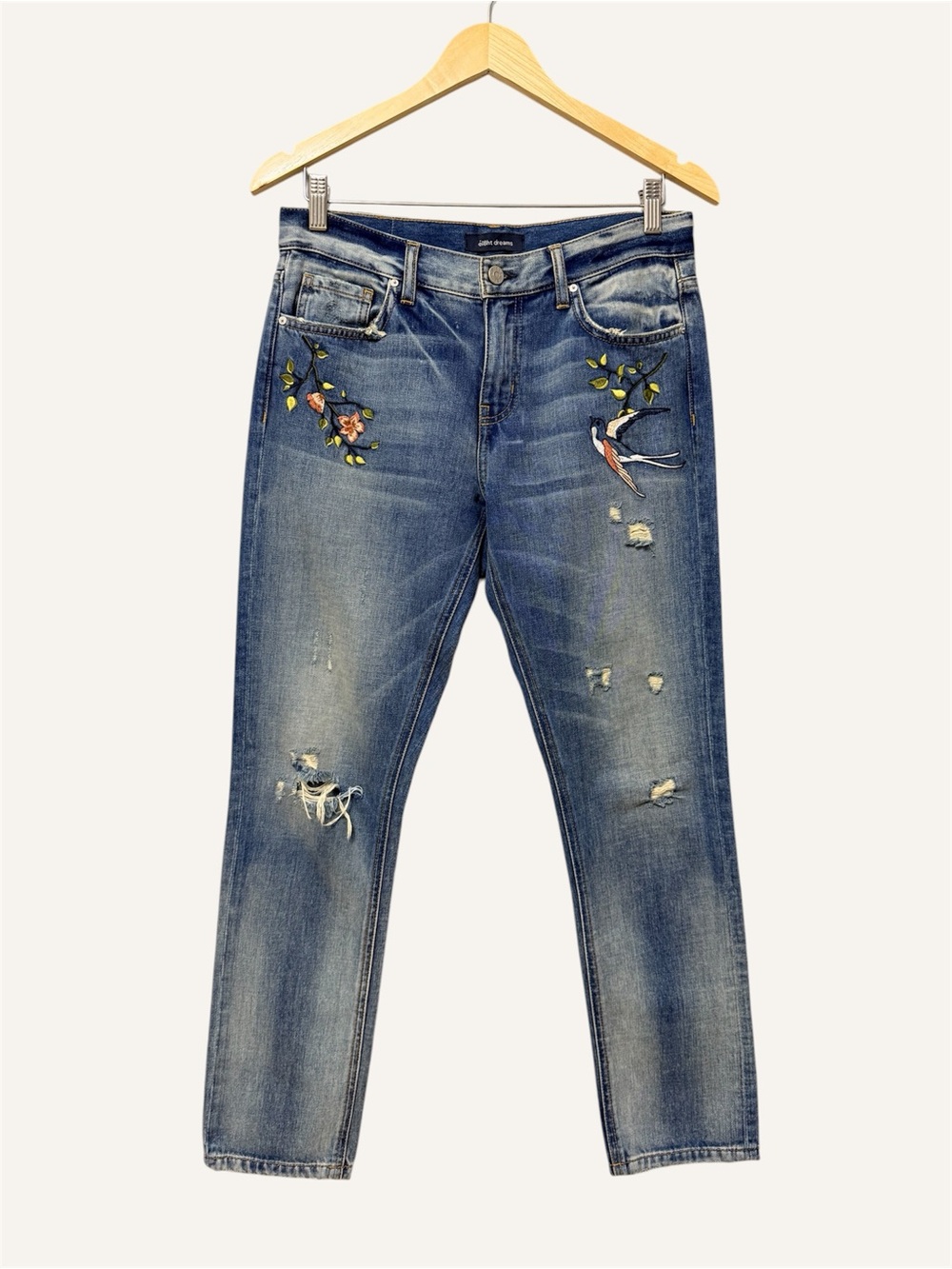 ei8ht dreams Embroidered Slim Straight Distressed Jeans Size 25 Dark Wash Birds